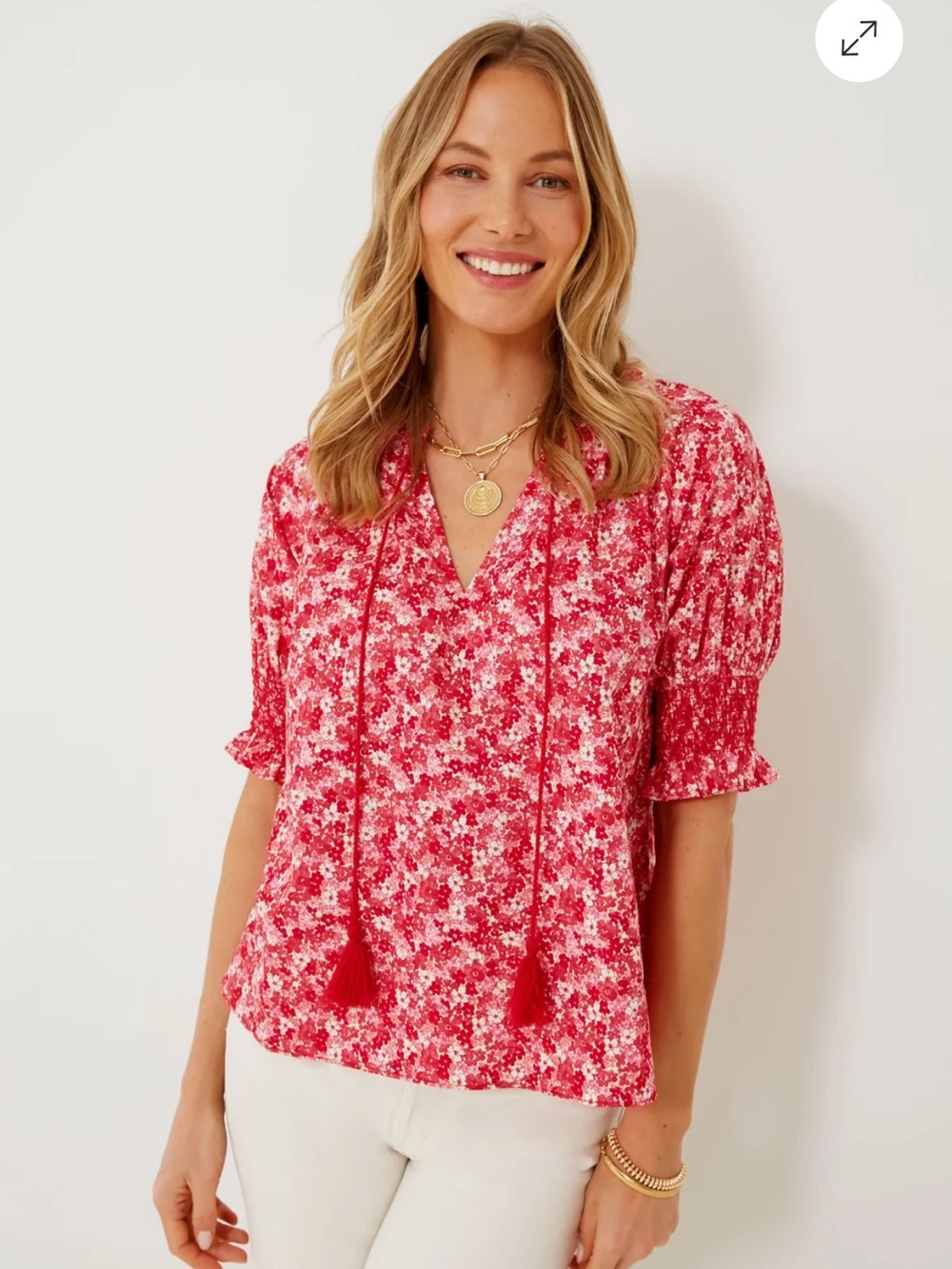 Hyacinth House Red and Pink Floral V-Neck Colleen Blouse Sz Small Tuckernuck